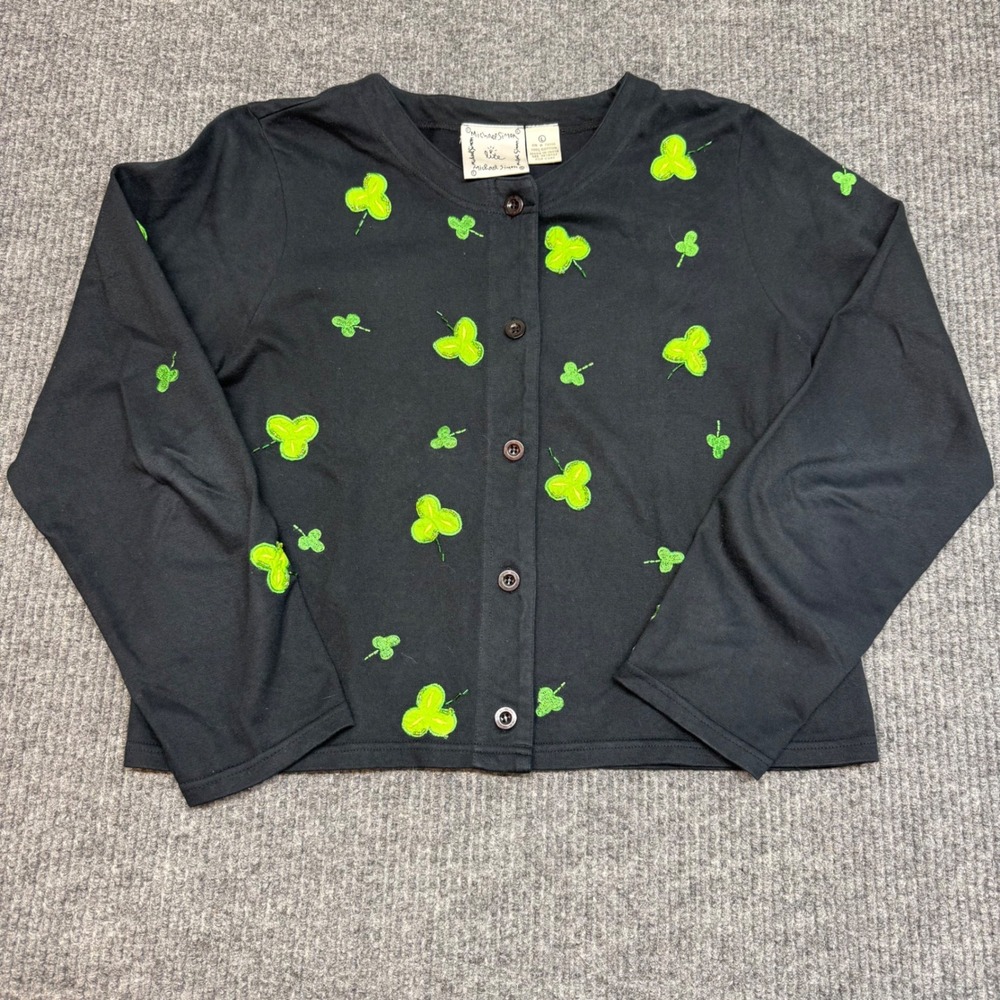 Michael Simon Shamrock Cardigan Black Beaded Embroidered‎ Cotton L